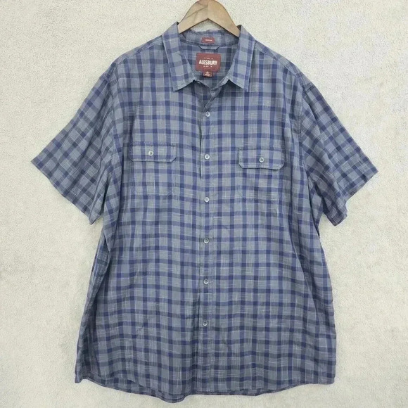 Alesbury Mens Blue Plaid Short Sleeve Button-Up Shirt XXL Tall 16PT - Picture 1 of 7